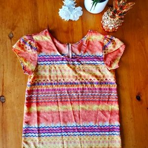 Unique patterned flowy top orange yellow blue